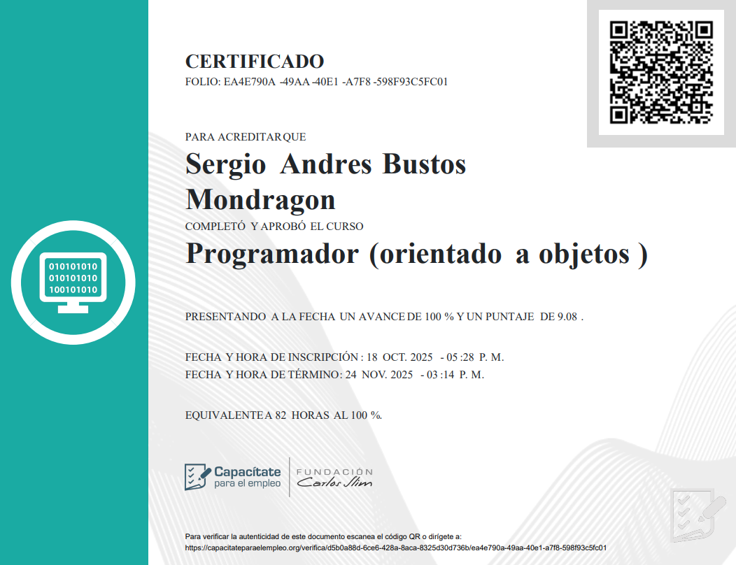 Certificado Programación Orientada a Objetos